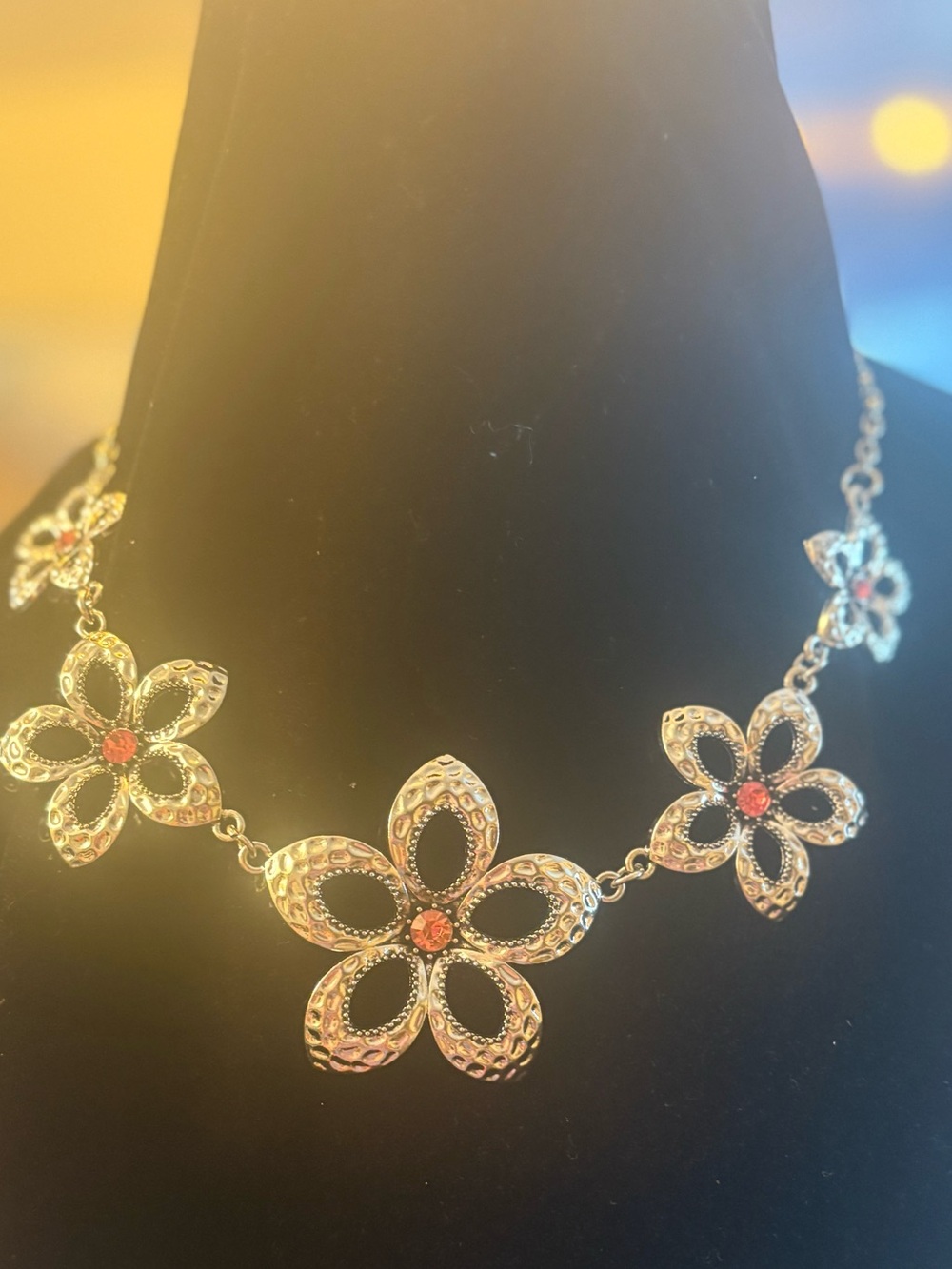 Silver Floral Necklace with Pink Center Stones